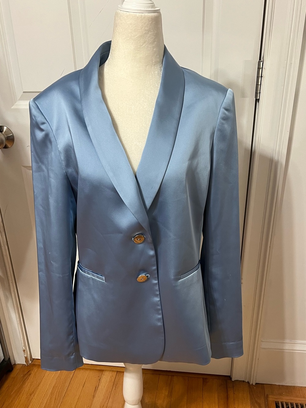 Tahari Powder Blue Satin Blazer with Shawl Lapel